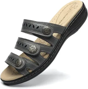 Women's Comfort Leather Slides Lightweight Flat Sandals Cute Slip On Casual Walking Slippers