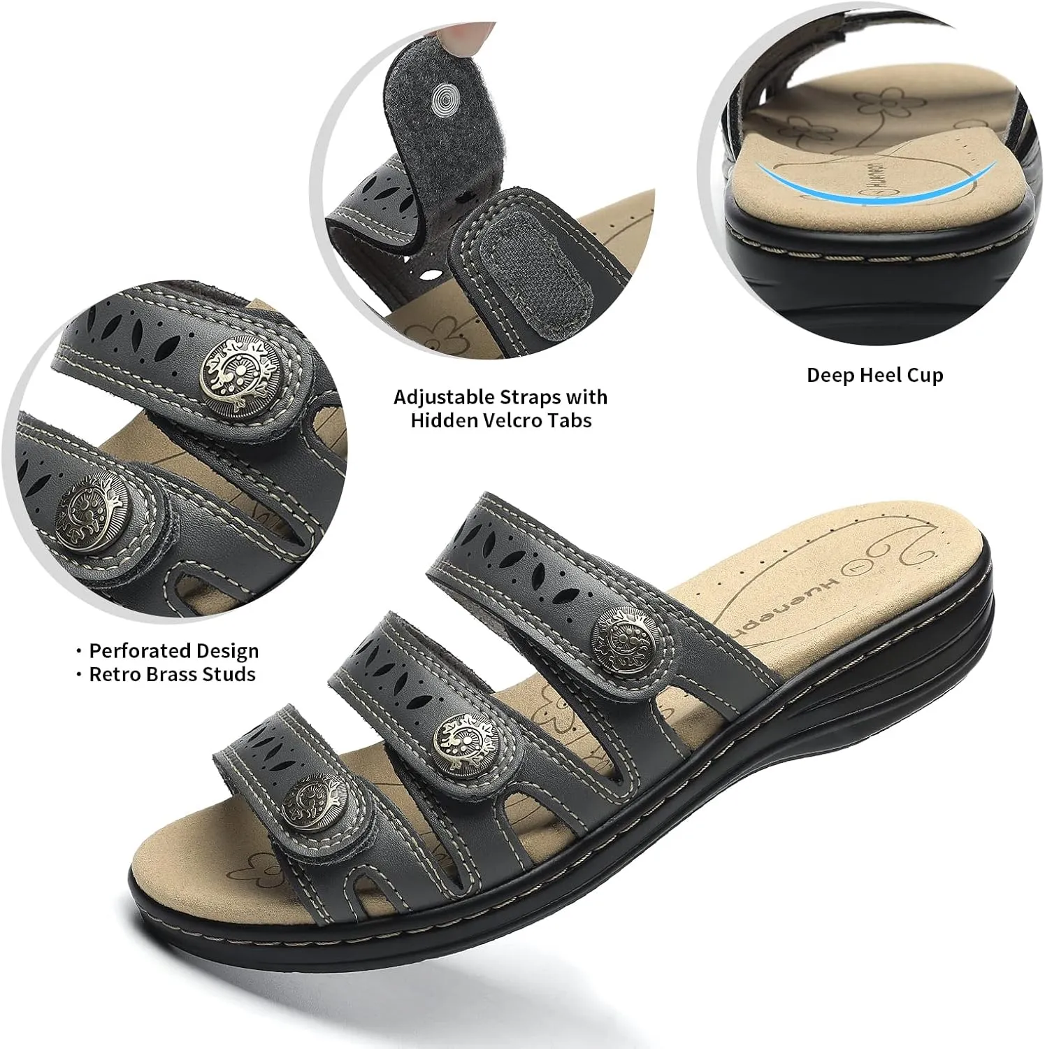 Women's Comfort Leather Slides Lightweight Flat Sandals Cute Slip On Casual Walking Slippers