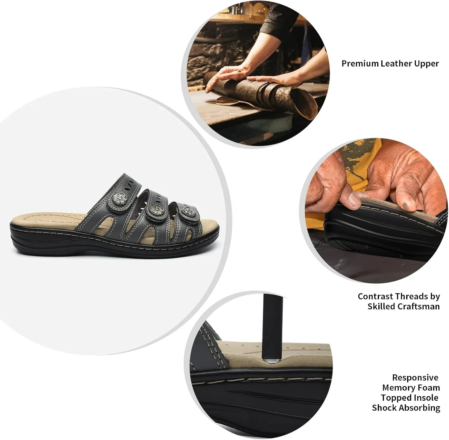 Women's Comfort Leather Slides Lightweight Flat Sandals Cute Slip On Casual Walking Slippers