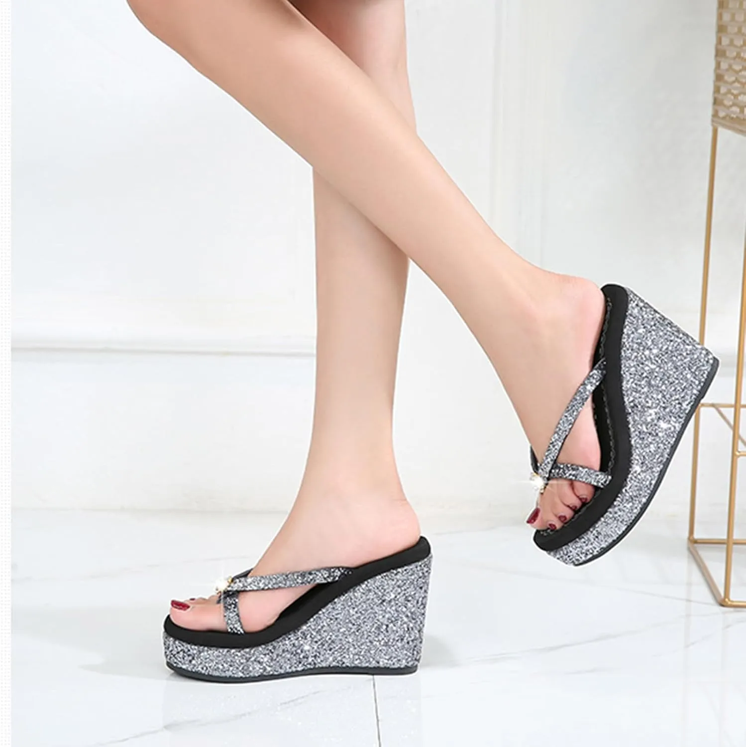 Women's Crystal Sequin Wedge Flip-Flops,4.33" Heel Height Platform Flip Flops for Women,Comfy Nonslip Summer Thong Sandal