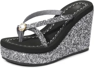 Women's Crystal Sequin Wedge Flip-Flops,4.33" Heel Height Platform Flip Flops for Women,Comfy Nonslip Summer Thong Sandal