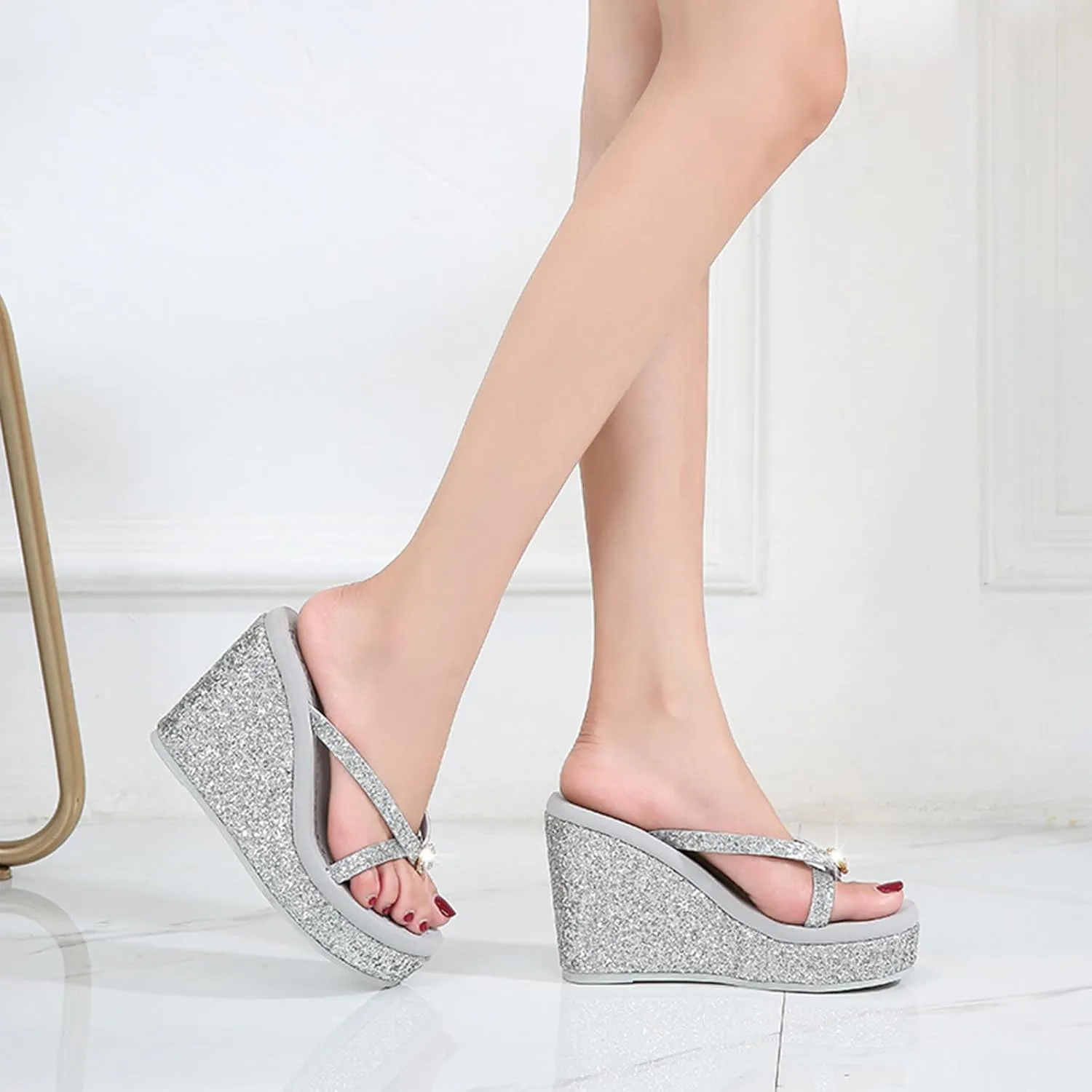 Women's Crystal Sequin Wedge Flip-Flops,4.33" Heel Height Platform Flip Flops for Women,Comfy Nonslip Summer Thong Sandal