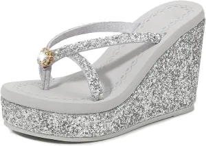 Women's Crystal Sequin Wedge Flip-Flops,4.33" Heel Height Platform Flip Flops for Women,Comfy Nonslip Summer Thong Sandal