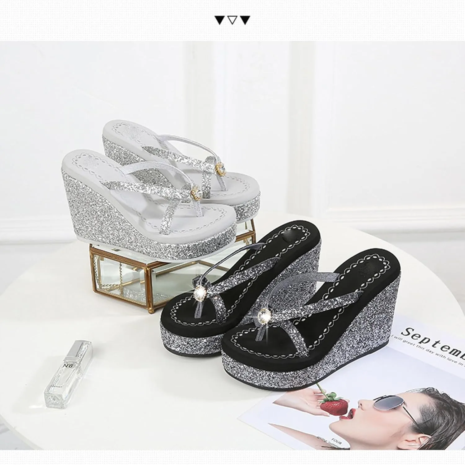 Women's Crystal Sequin Wedge Flip-Flops,4.33" Heel Height Platform Flip Flops for Women,Comfy Nonslip Summer Thong Sandal