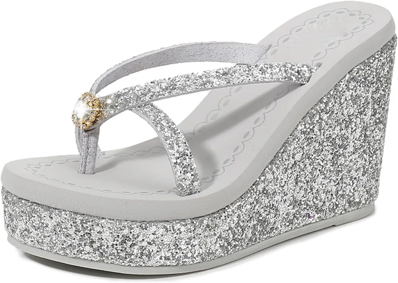 Women's Crystal Sequin Wedge Flip-Flops,4.33" Heel Height Platform Flip Flops for Women,Comfy Nonslip Summer Thong Sandal