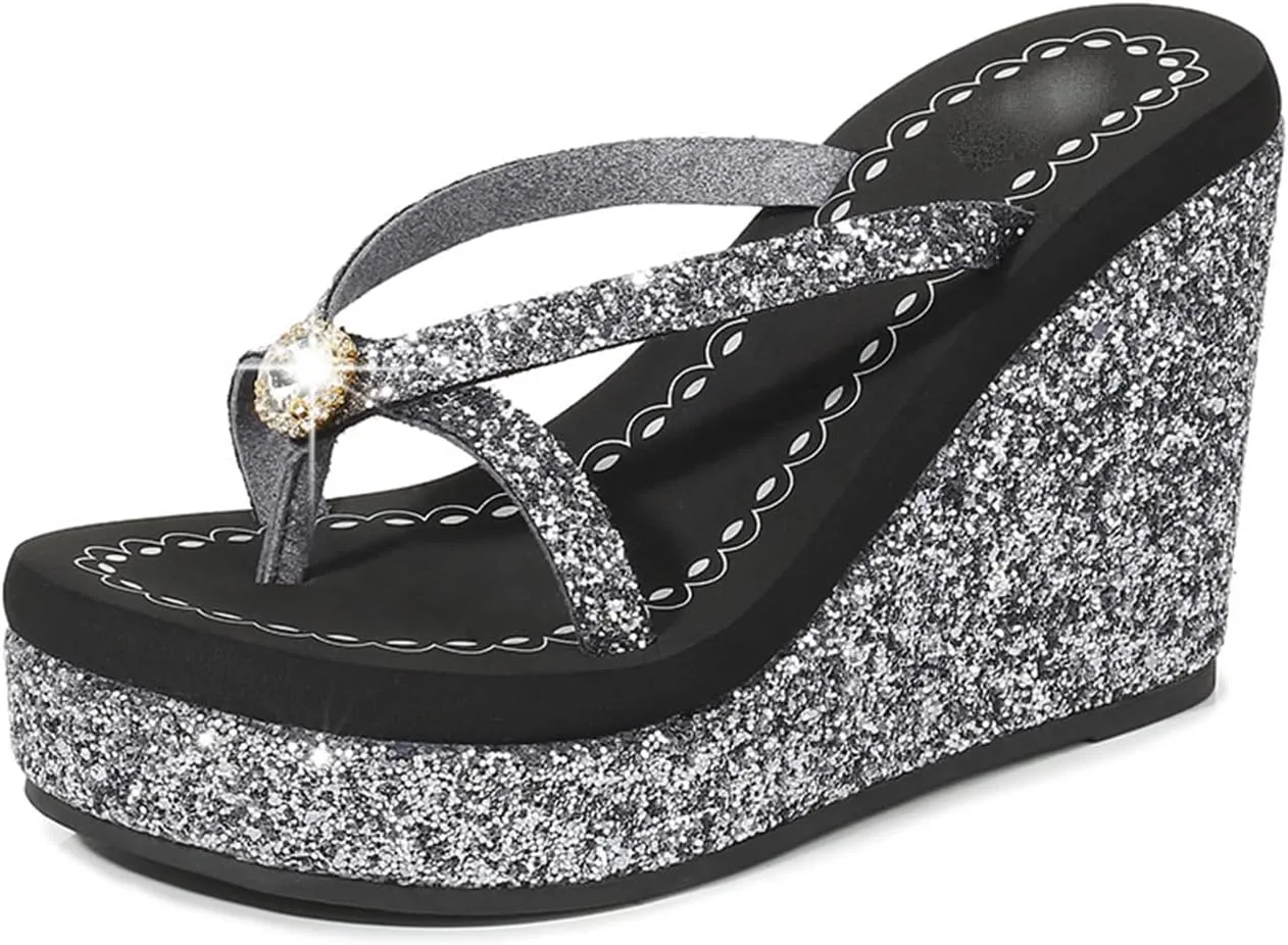 Women's Crystal Sequin Wedge Flip-Flops,4.33" Heel Height Platform Flip Flops for Women,Comfy Nonslip Summer Thong Sandal