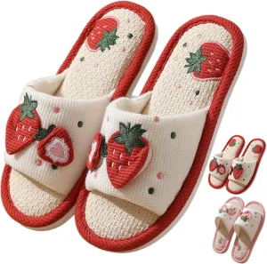 Women's Cute Strawberry Slippers Indoor Breathable Linen House Shoes Home Slides Summer Open Toe Slip On Slippers Portable Lightweight