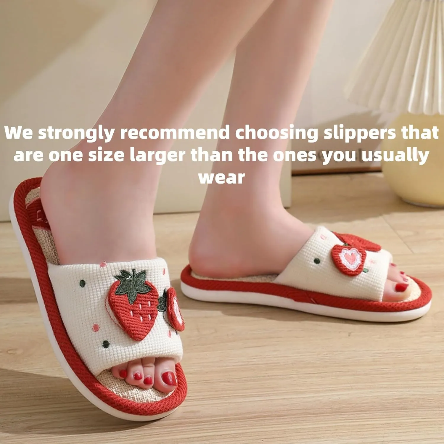 Women's Cute Strawberry Slippers Indoor Breathable Linen House Shoes Home Slides Summer Open Toe Slip On Slippers Portable Lightweight