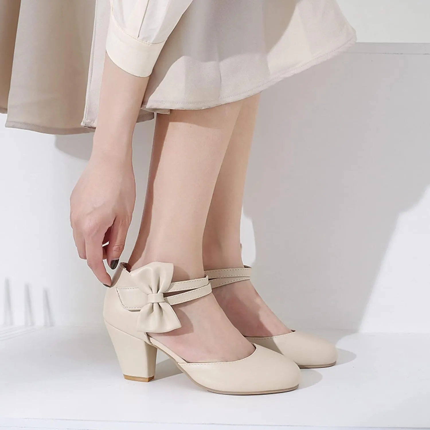 Women's High Heel Sandal Pumps Closed Round Toe Double Ankle Strap Bow Fashion Party Dress Shoes