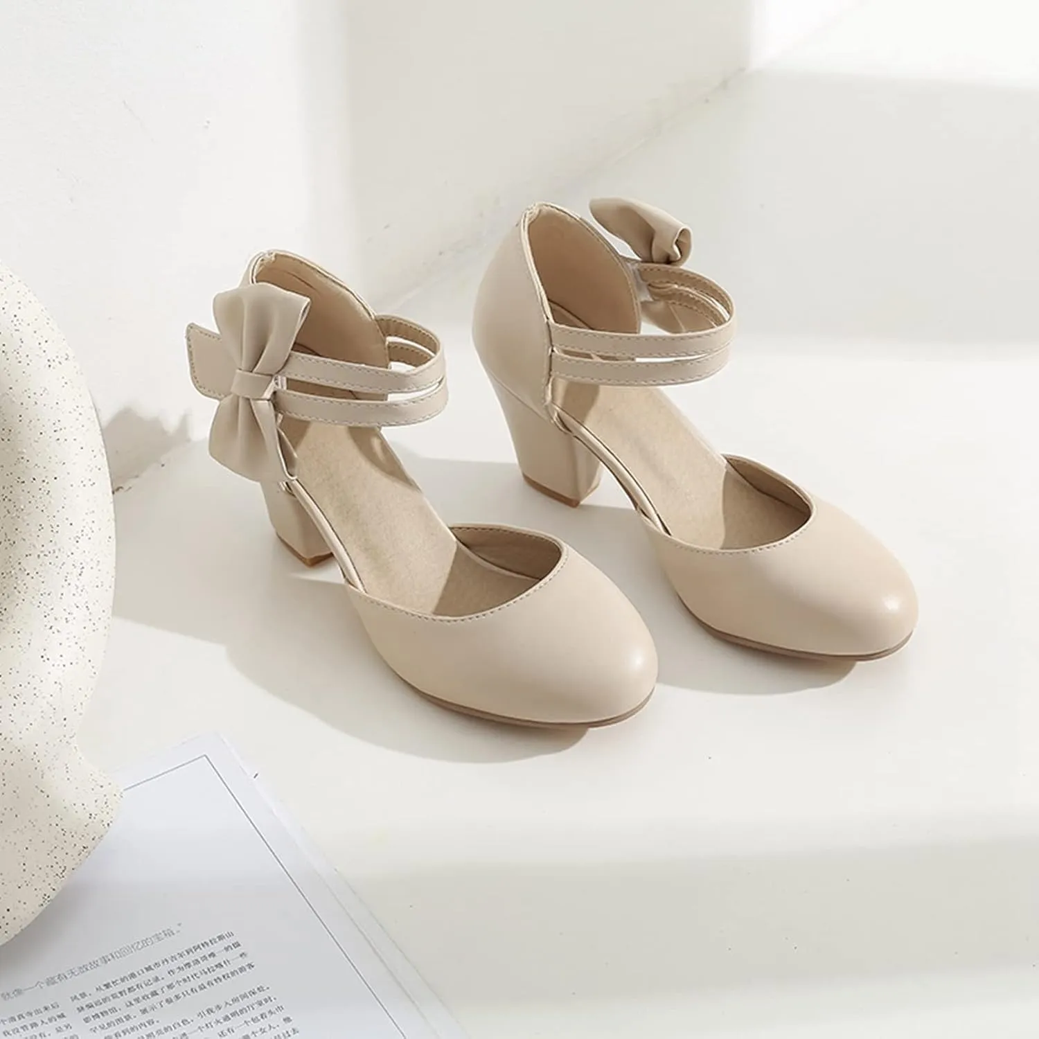 Women's High Heel Sandal Pumps Closed Round Toe Double Ankle Strap Bow Fashion Party Dress Shoes