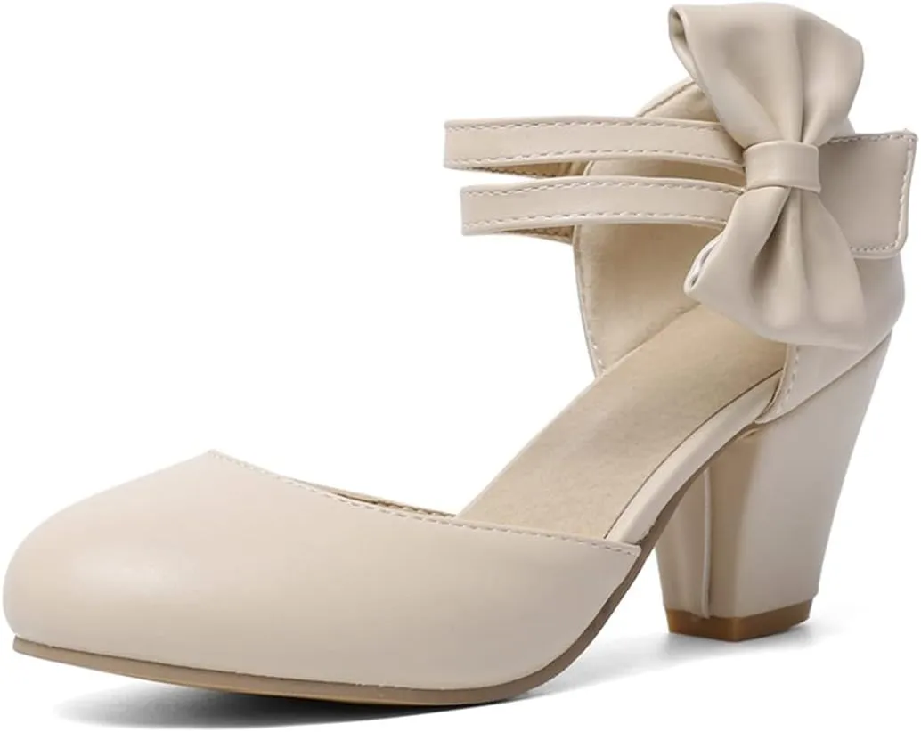 Women's High Heel Sandal Pumps Closed Round Toe Double Ankle Strap Bow Fashion Party Dress Shoes