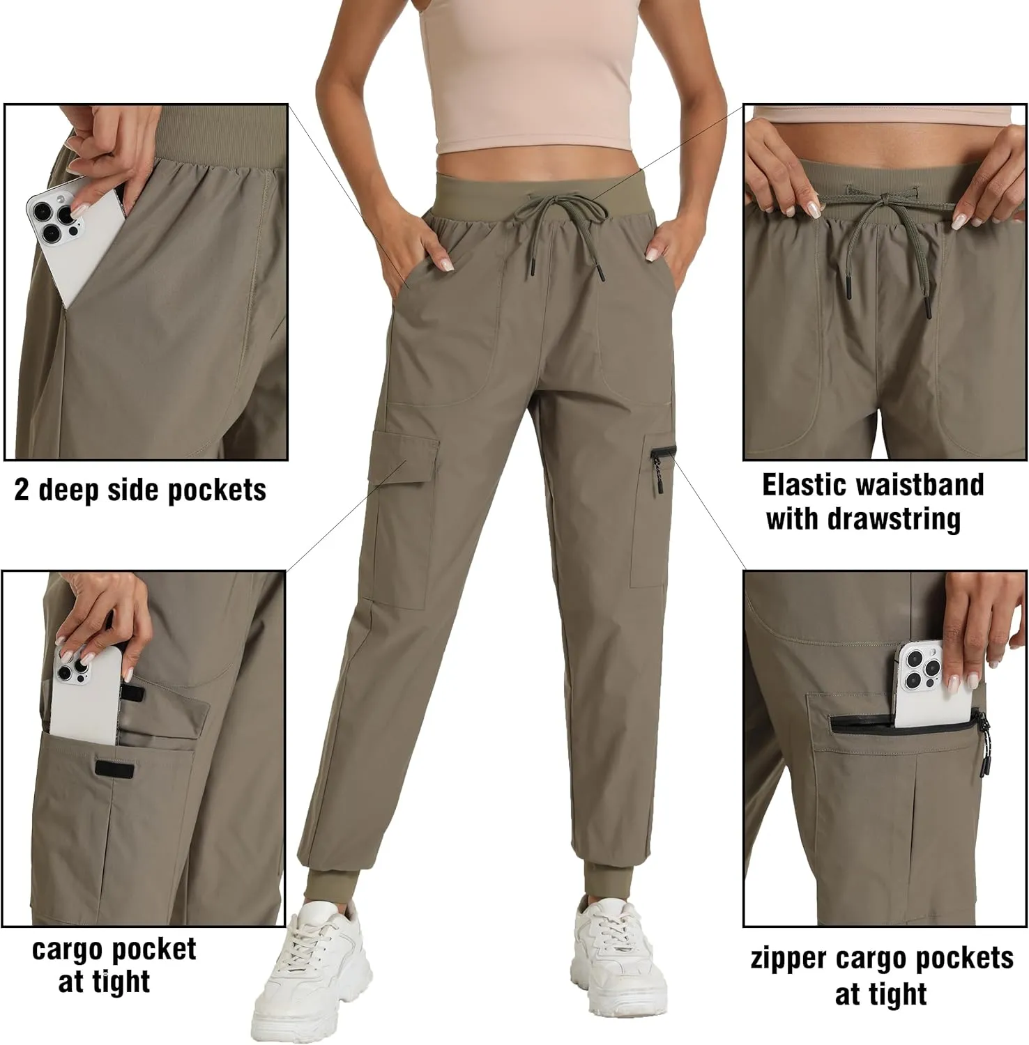 Women's Joggers with Pockets, Hiking Cargo Water Resistant Lightweight Pants for Women Workout Athletic Travel Camping