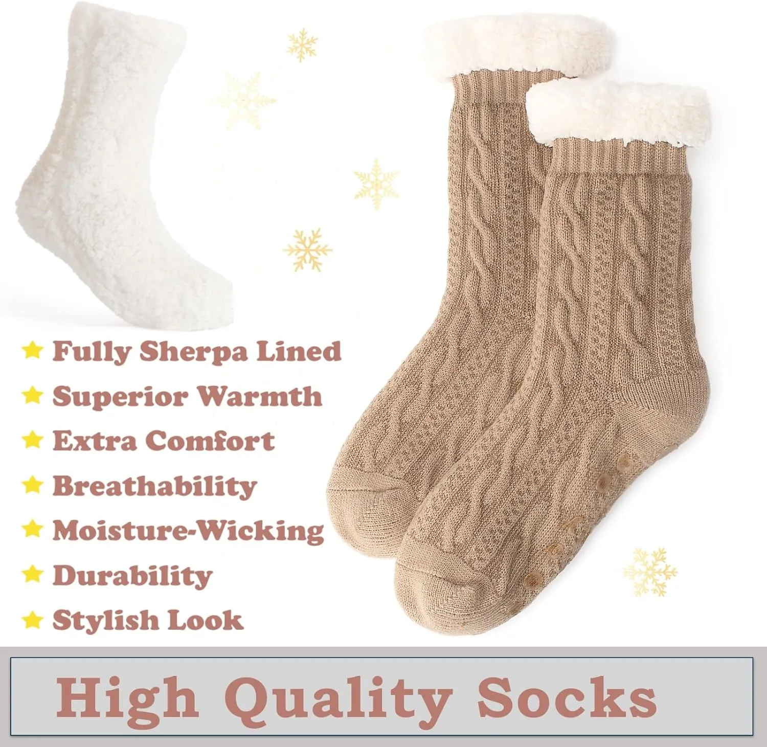 Women's Knit Slipper Socks with Non-slip Grippers, Warm Fuzzy Fluffy Sherpa Lined, Cozy Christmas Gifts
