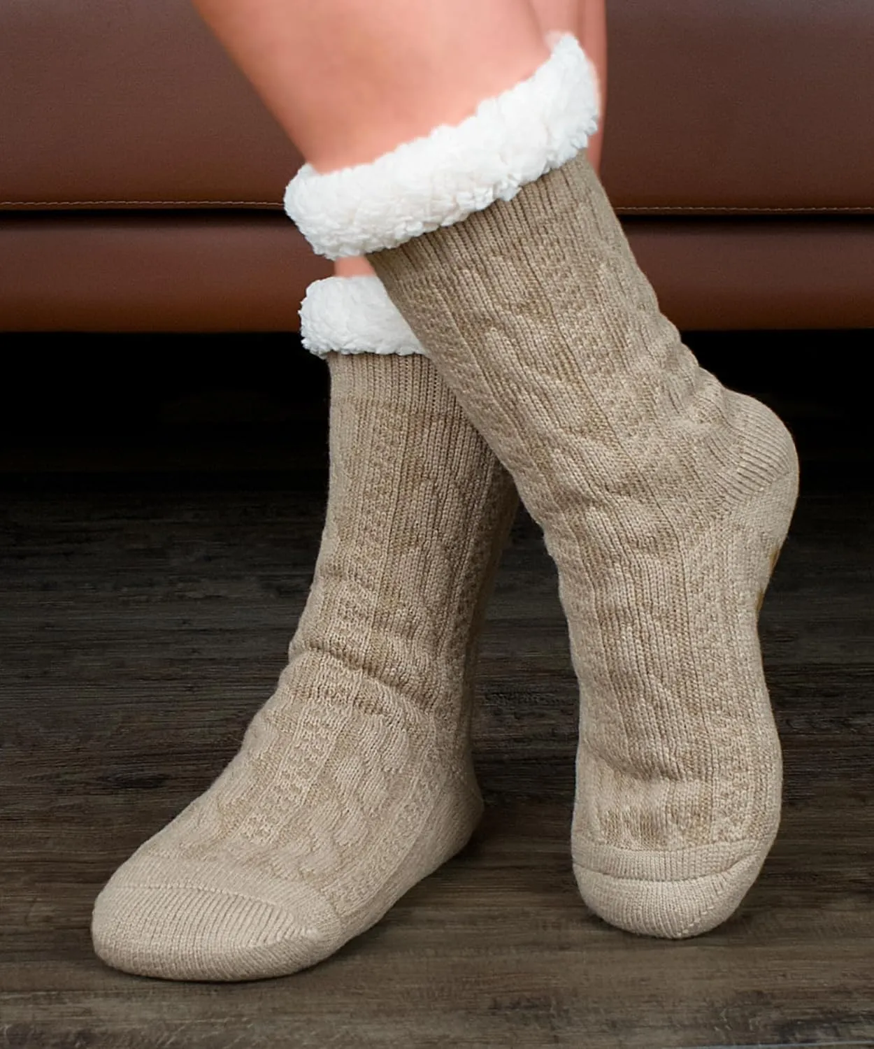 Women's Knit Slipper Socks with Non-slip Grippers, Warm Fuzzy Fluffy Sherpa Lined, Cozy Christmas Gifts