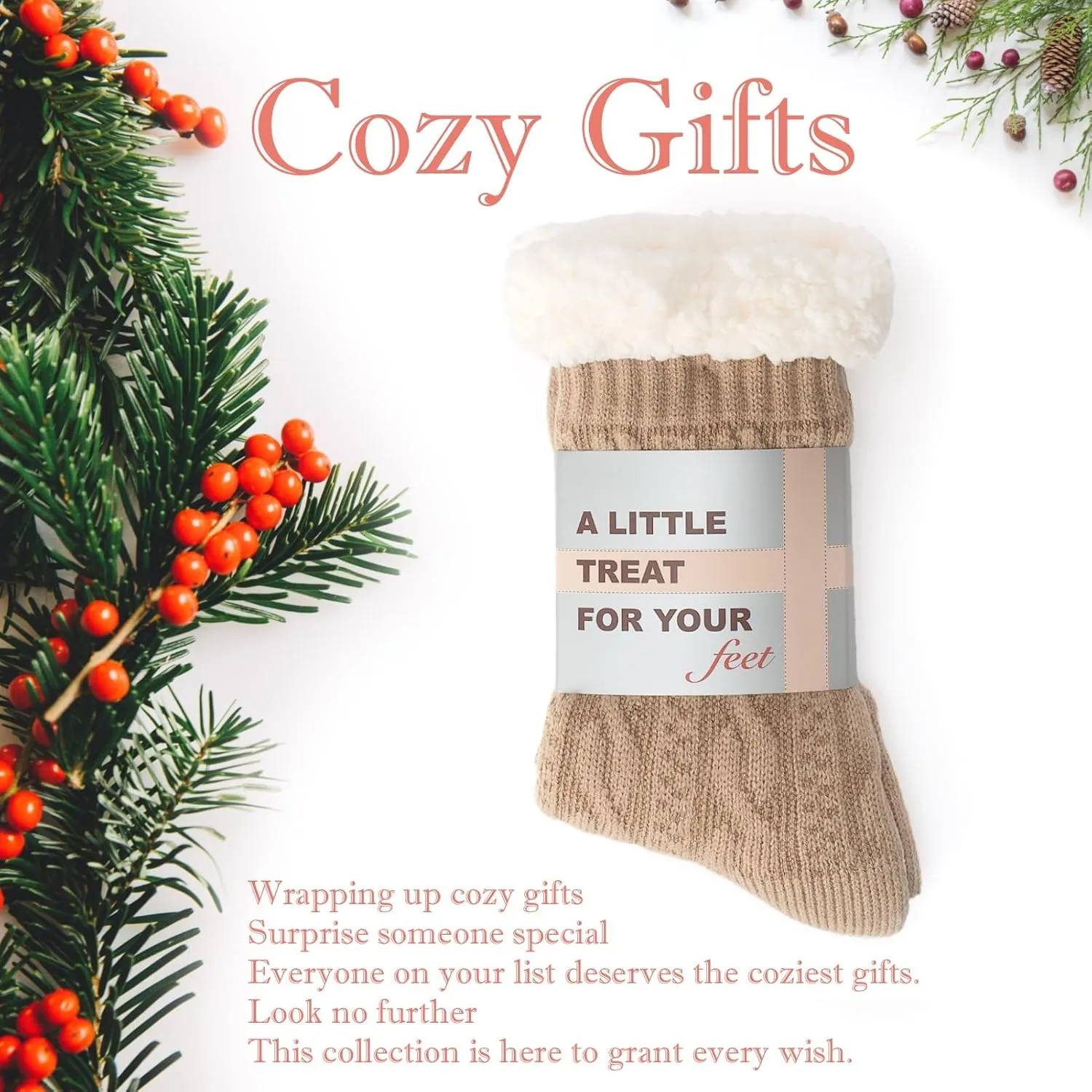 Women's Knit Slipper Socks with Non-slip Grippers, Warm Fuzzy Fluffy Sherpa Lined, Cozy Christmas Gifts