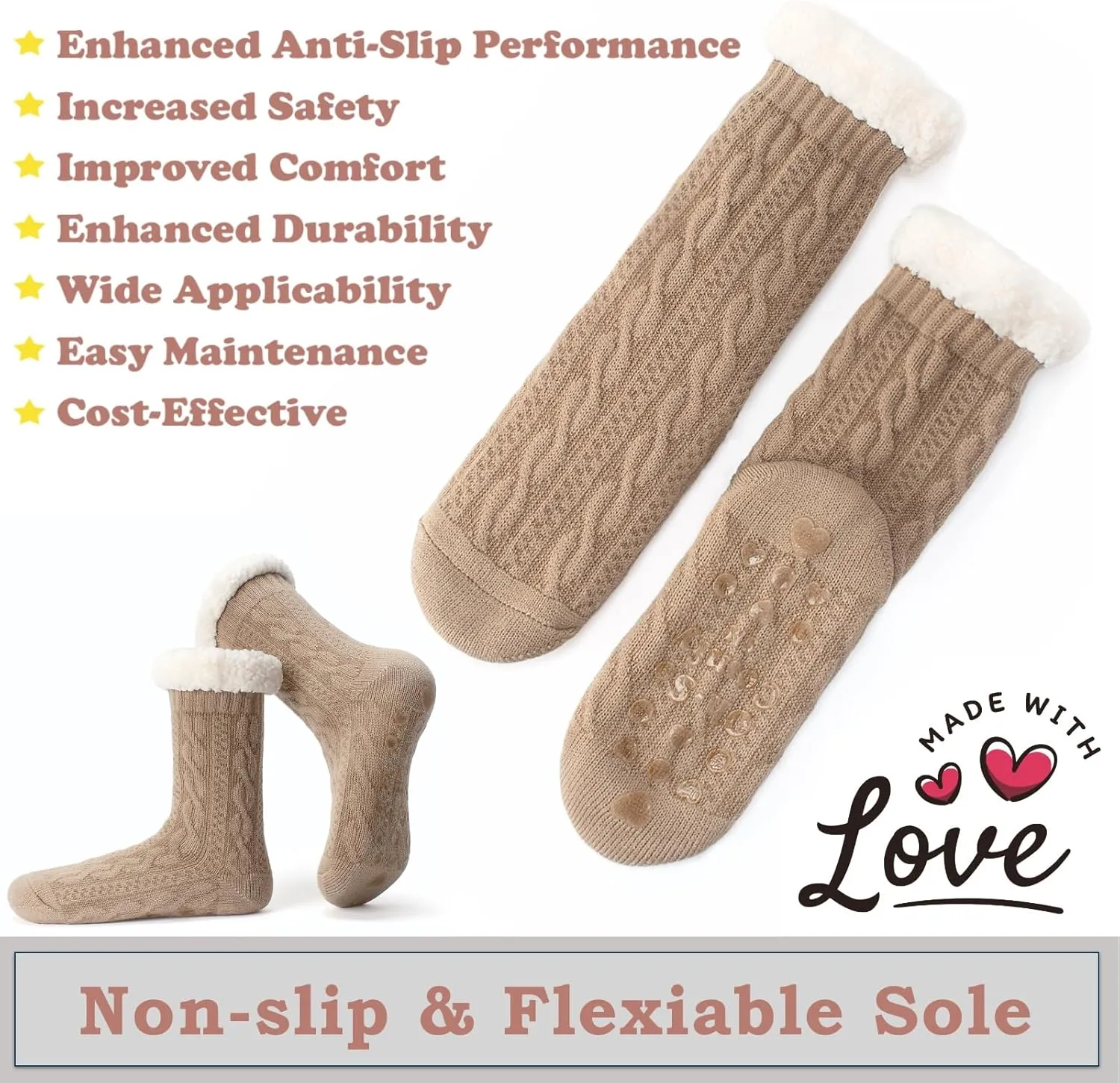 Women's Knit Slipper Socks with Non-slip Grippers, Warm Fuzzy Fluffy Sherpa Lined, Cozy Christmas Gifts