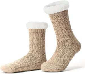 Women's Knit Slipper Socks with Non-slip Grippers, Warm Fuzzy Fluffy Sherpa Lined, Cozy Christmas Gifts