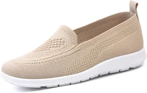 Women's Knitted Mesh Comfort Loafers,Slip on Lightweight Soft Lightweight Casual Shoes,Summer Knit Ballet Flat Sneakers. (Khaki,8)