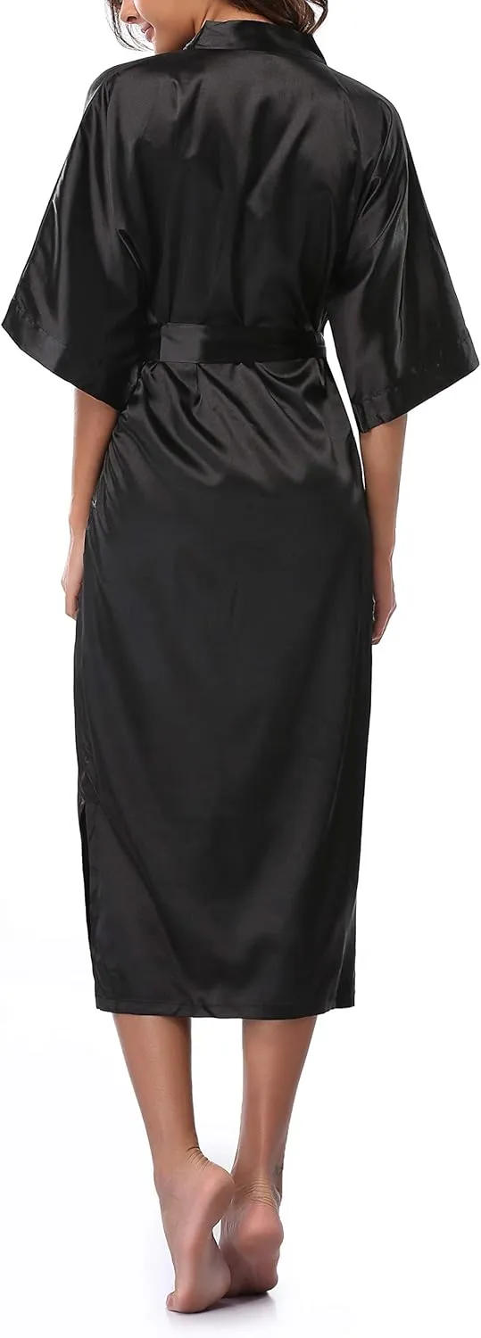 Women's Long Satin Bathrobe Kimono Nightgown Long Dress Gown for Bridal Shower