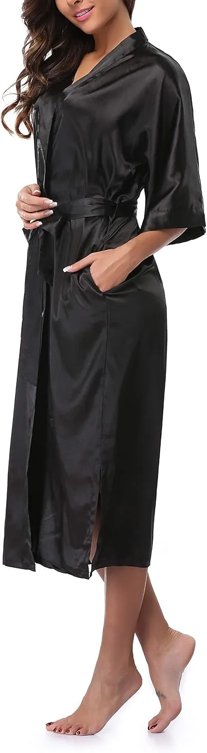 Women's Long Satin Bathrobe Kimono Nightgown Long Dress Gown for Bridal Shower