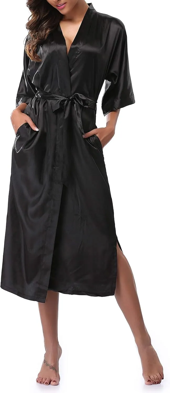 Women's Long Satin Bathrobe Kimono Nightgown Long Dress Gown for Bridal Shower