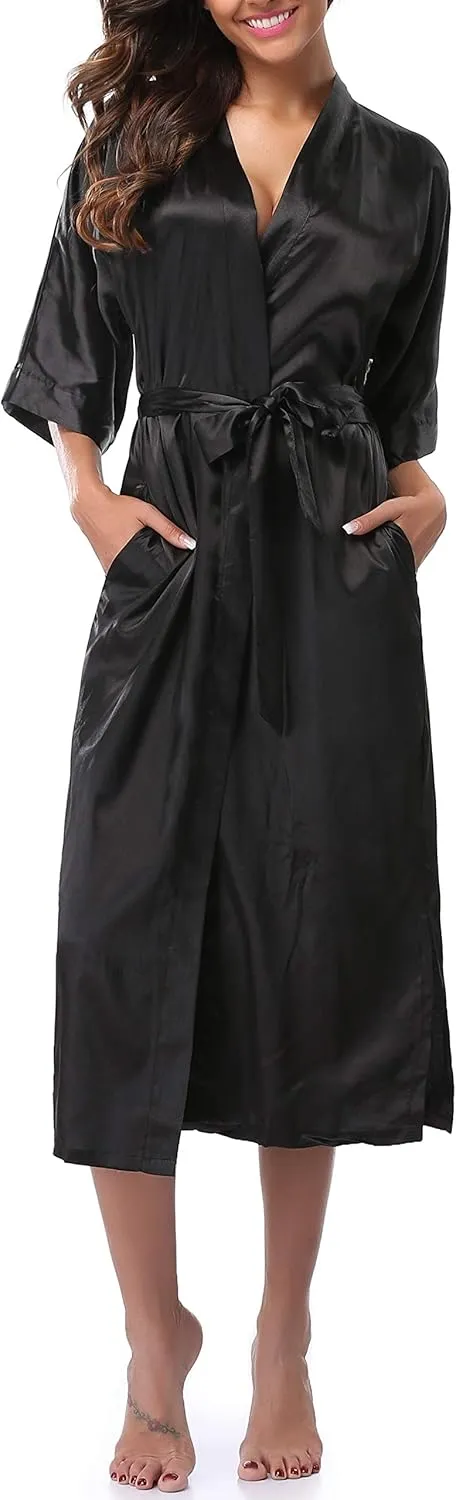 Women's Long Satin Bathrobe Kimono Nightgown Long Dress Gown for Bridal Shower