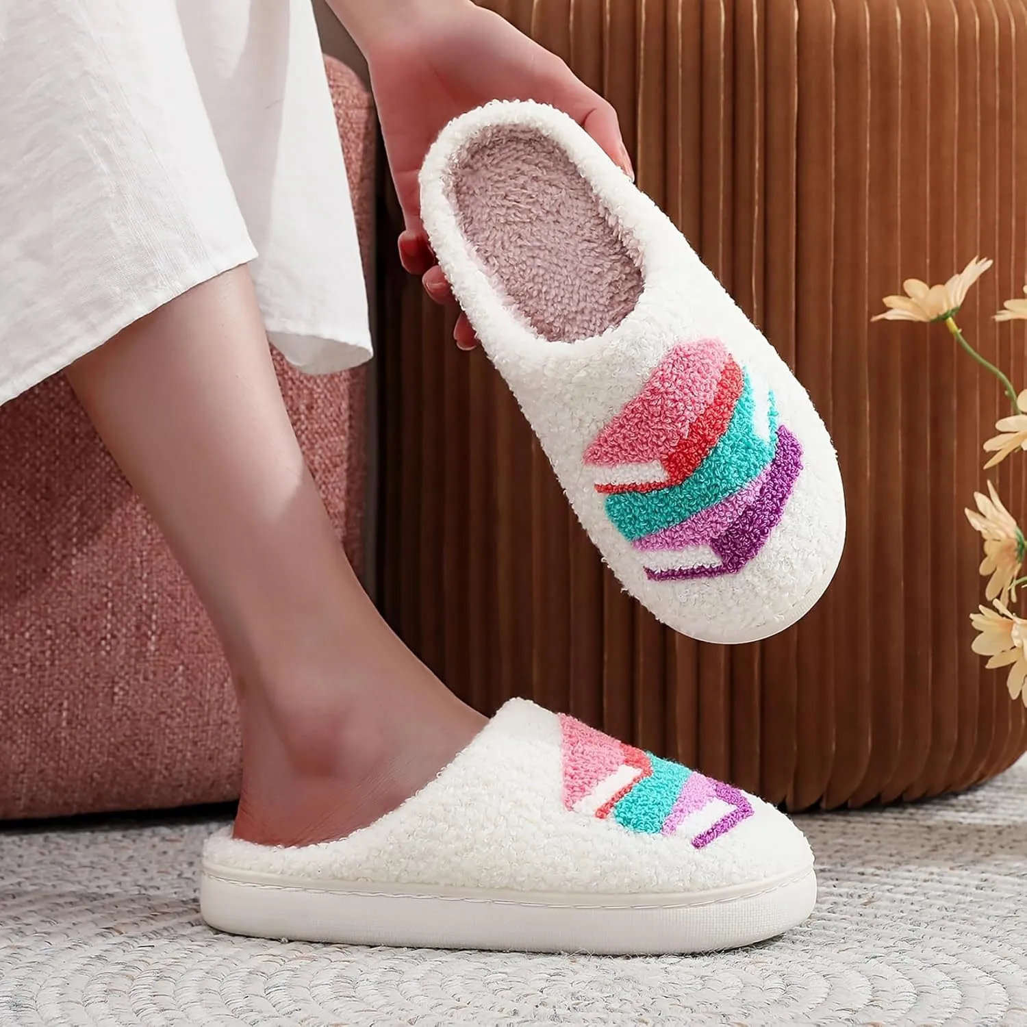 Womens Mens Plant Animal Fruit Slippers Retro Cozy Fluffy Plush Slipper Embroidered printing Warm Memory Foam Indoor Outdoor House Shoes