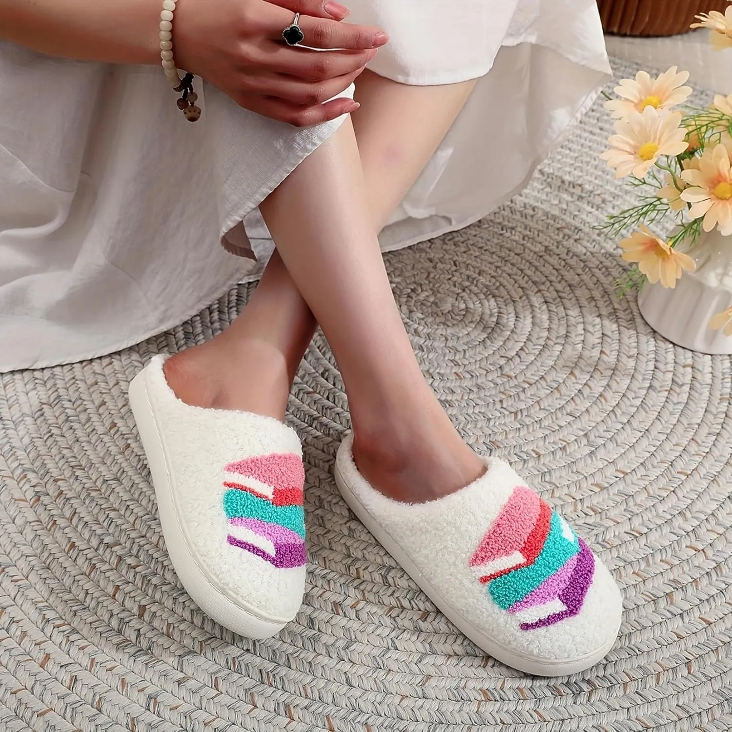 Womens Mens Plant Animal Fruit Slippers Retro Cozy Fluffy Plush Slipper Embroidered printing Warm Memory Foam Indoor Outdoor House Shoes
