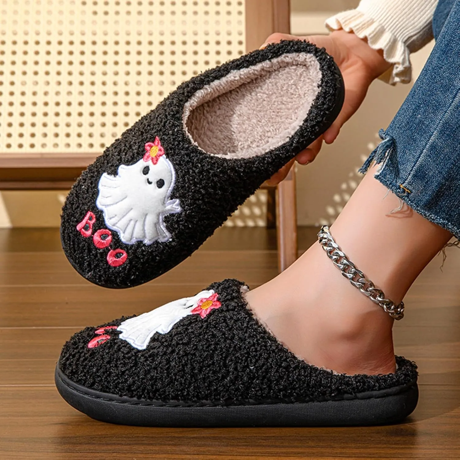 Womens Mens Plant Animal Fruit Slippers Retro Cozy Fluffy Plush Slipper Embroidered printing Warm Memory Foam Indoor Outdoor House Shoes