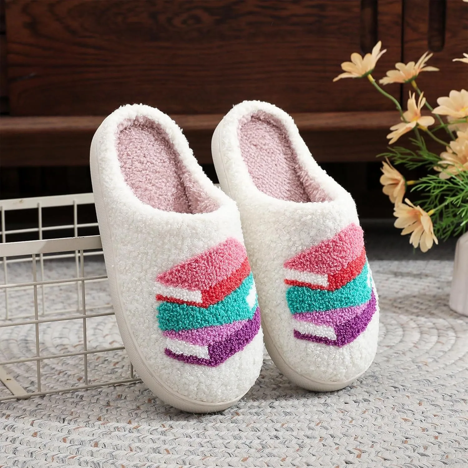 Womens Mens Plant Animal Fruit Slippers Retro Cozy Fluffy Plush Slipper Embroidered printing Warm Memory Foam Indoor Outdoor House Shoes