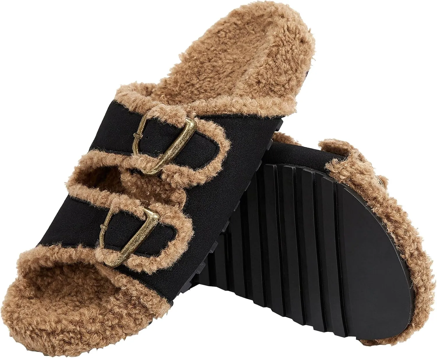 Womens Open Toe Slippers Fuzzy Warm Indoor House Winter Shoes Slippers for Womens Slide Sandals with Adjustable Buckles
