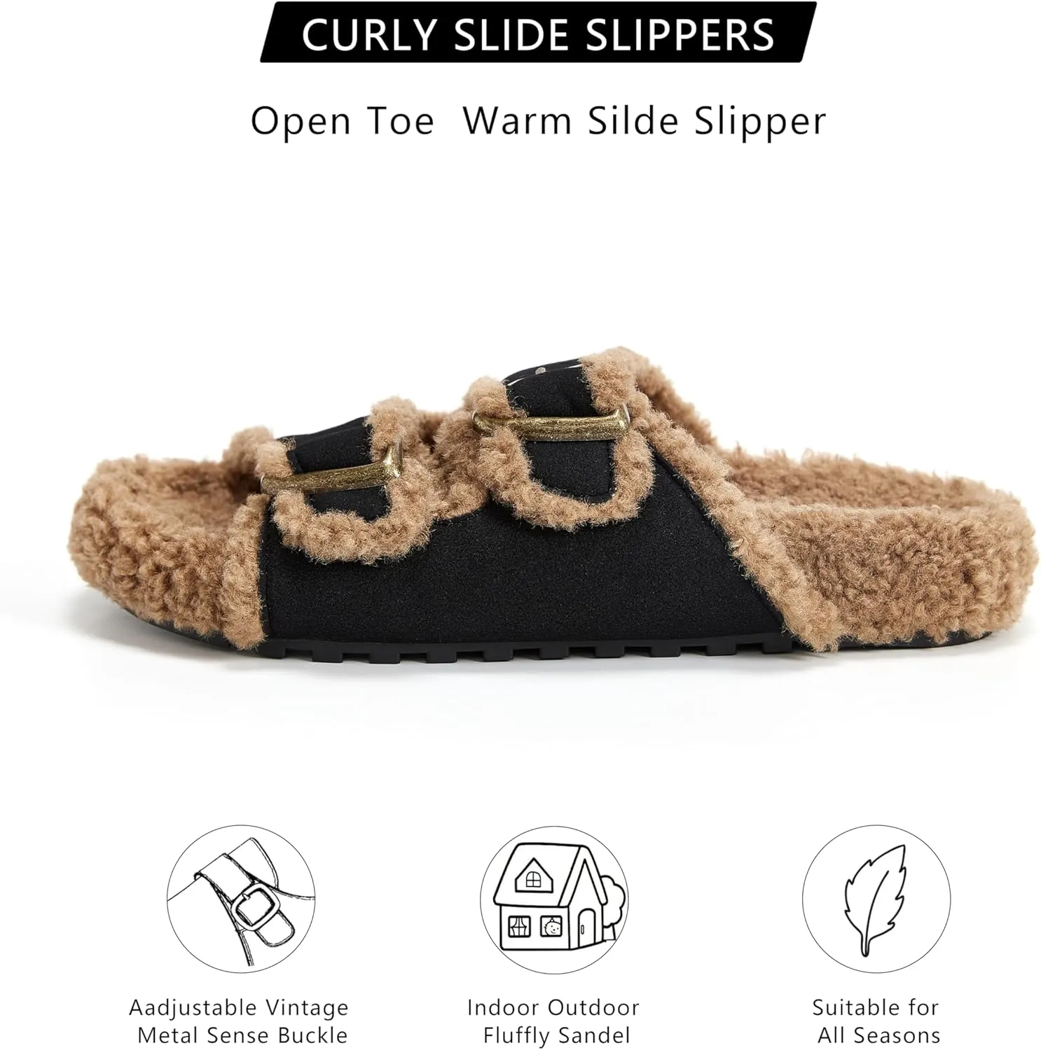Womens Open Toe Slippers Fuzzy Warm Indoor House Winter Shoes Slippers for Womens Slide Sandals with Adjustable Buckles