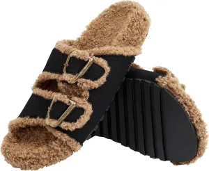 Womens Open Toe Slippers Fuzzy Warm Indoor House Winter Shoes Slippers for Womens Slide Sandals with Adjustable Buckles