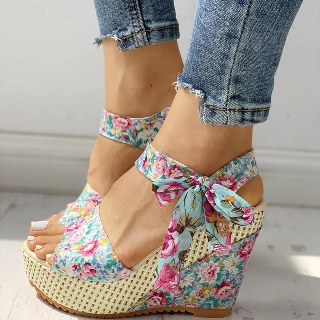 Women's Platform Sandals Wedge Open Toe Ankle Strap Lace Wedding Bridesmaid Shoes Summer Low Heel Lightweight Comfortable