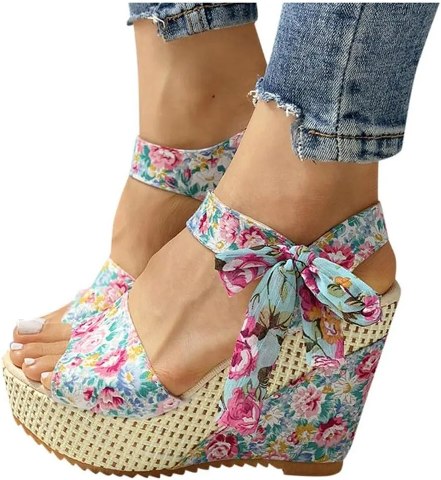 Women's Platform Sandals Wedge Open Toe Ankle Strap Lace Wedding Bridesmaid Shoes Summer Low Heel Lightweight Comfortable