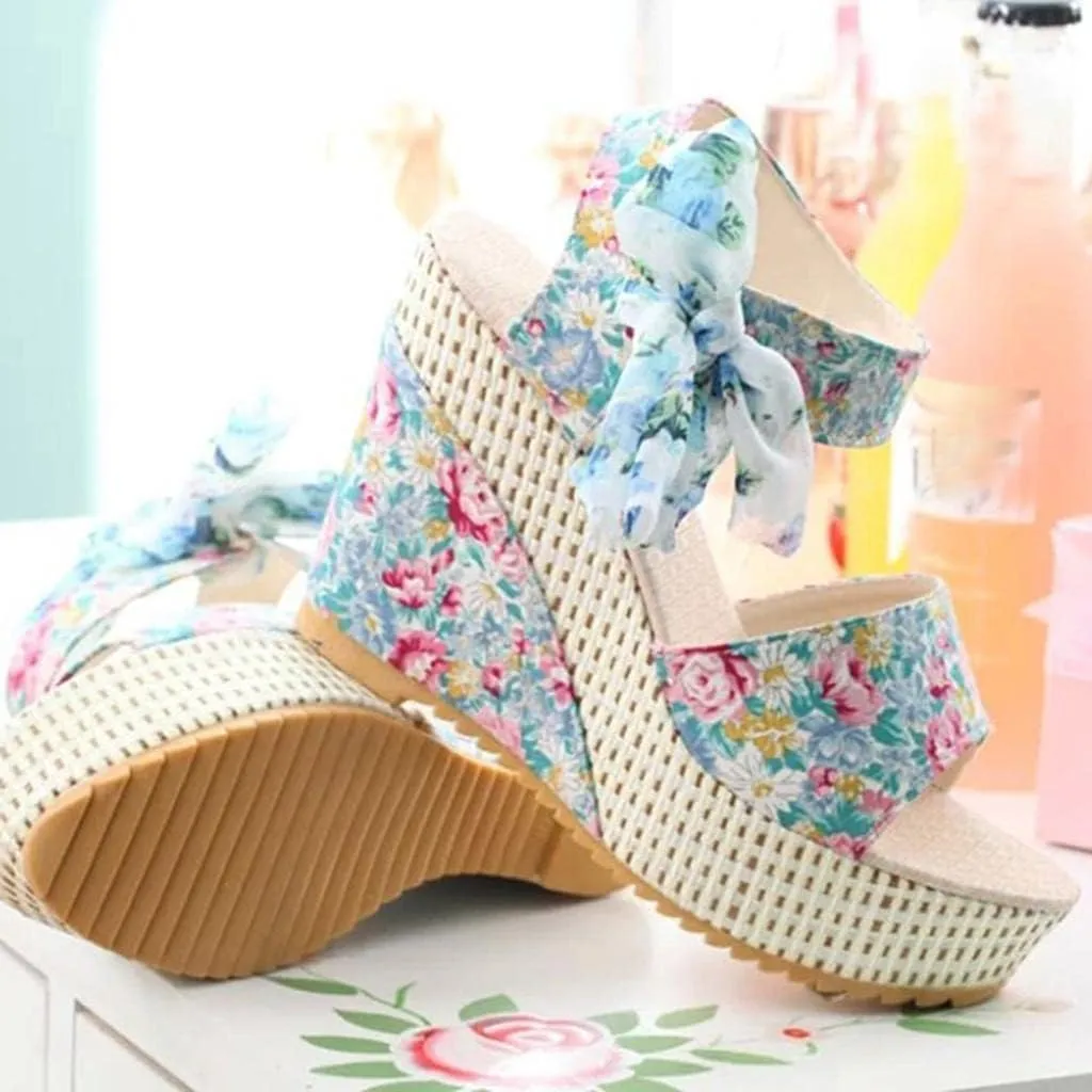 Women's Platform Sandals Wedge Open Toe Ankle Strap Lace Wedding Bridesmaid Shoes Summer Low Heel Lightweight Comfortable