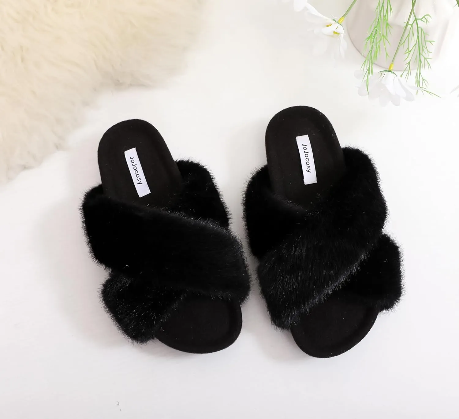 Women's Premium Rich Plush Warm Scuff Comfy EVA Footbed Breathable Cross Band Indoor Lady Platform Soles Slippers