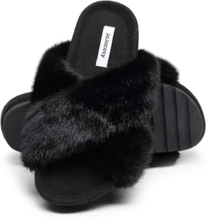 Women's Premium Rich Plush Warm Scuff Comfy EVA Footbed Breathable Cross Band Indoor Lady Platform Soles Slippers