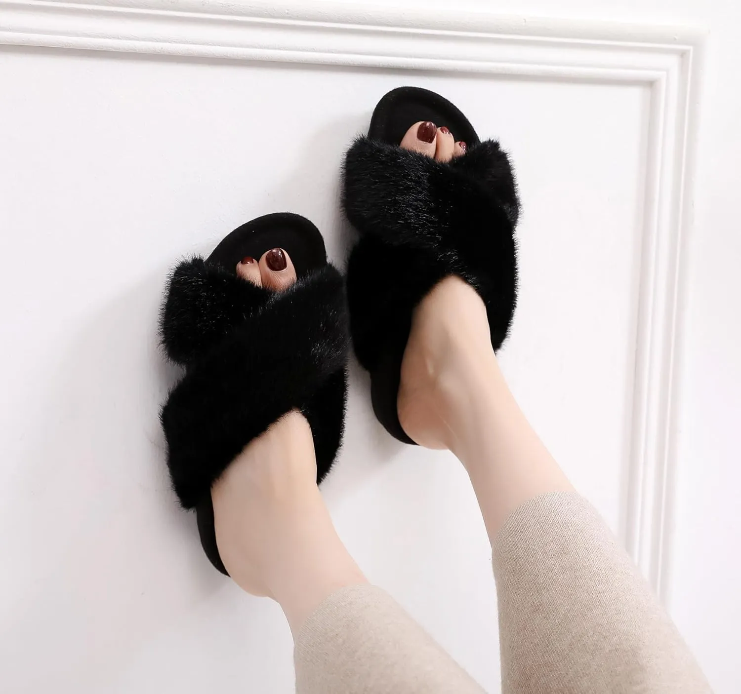 Women's Premium Rich Plush Warm Scuff Comfy EVA Footbed Breathable Cross Band Indoor Lady Platform Soles Slippers