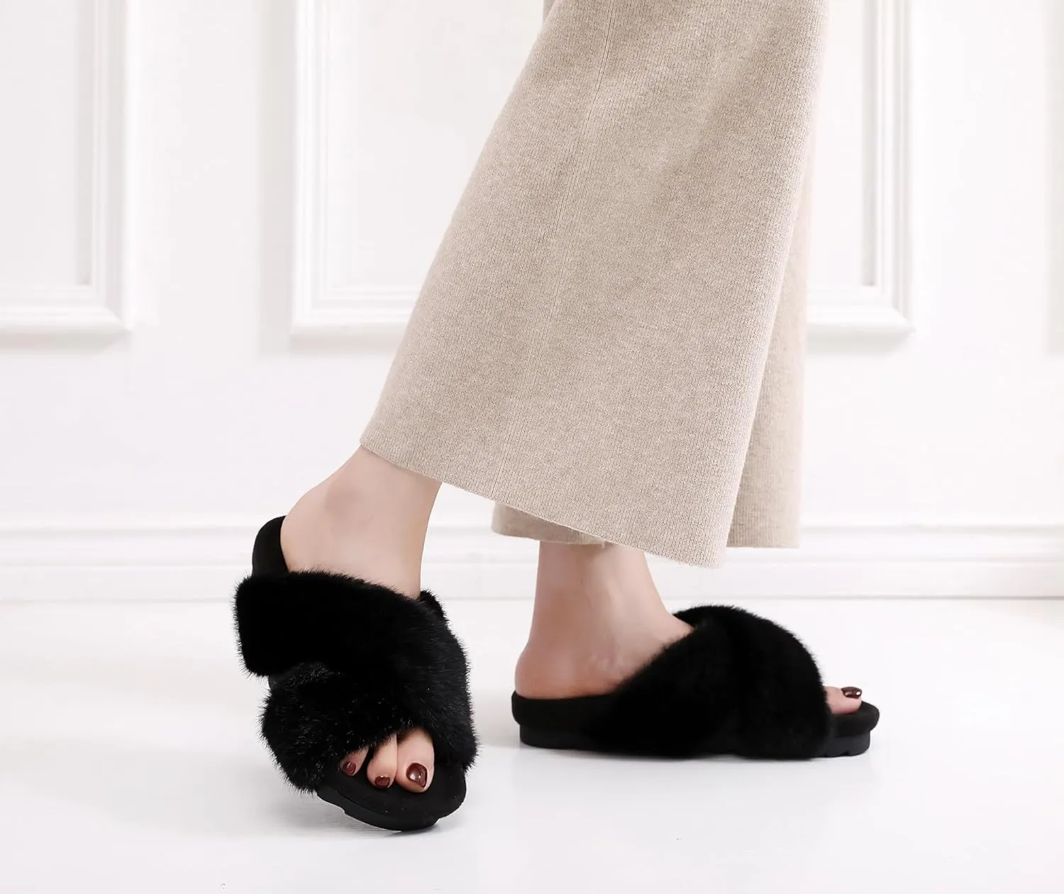 Women's Premium Rich Plush Warm Scuff Comfy EVA Footbed Breathable Cross Band Indoor Lady Platform Soles Slippers