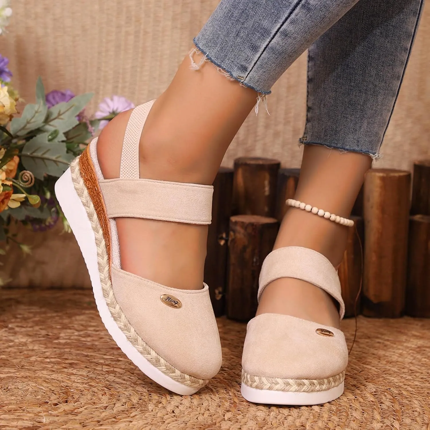 Womens Sandals 2025 Platform Suede Wedges Heel Sandals Slip On Sandals Flatform Closed Toe Beach Sandals