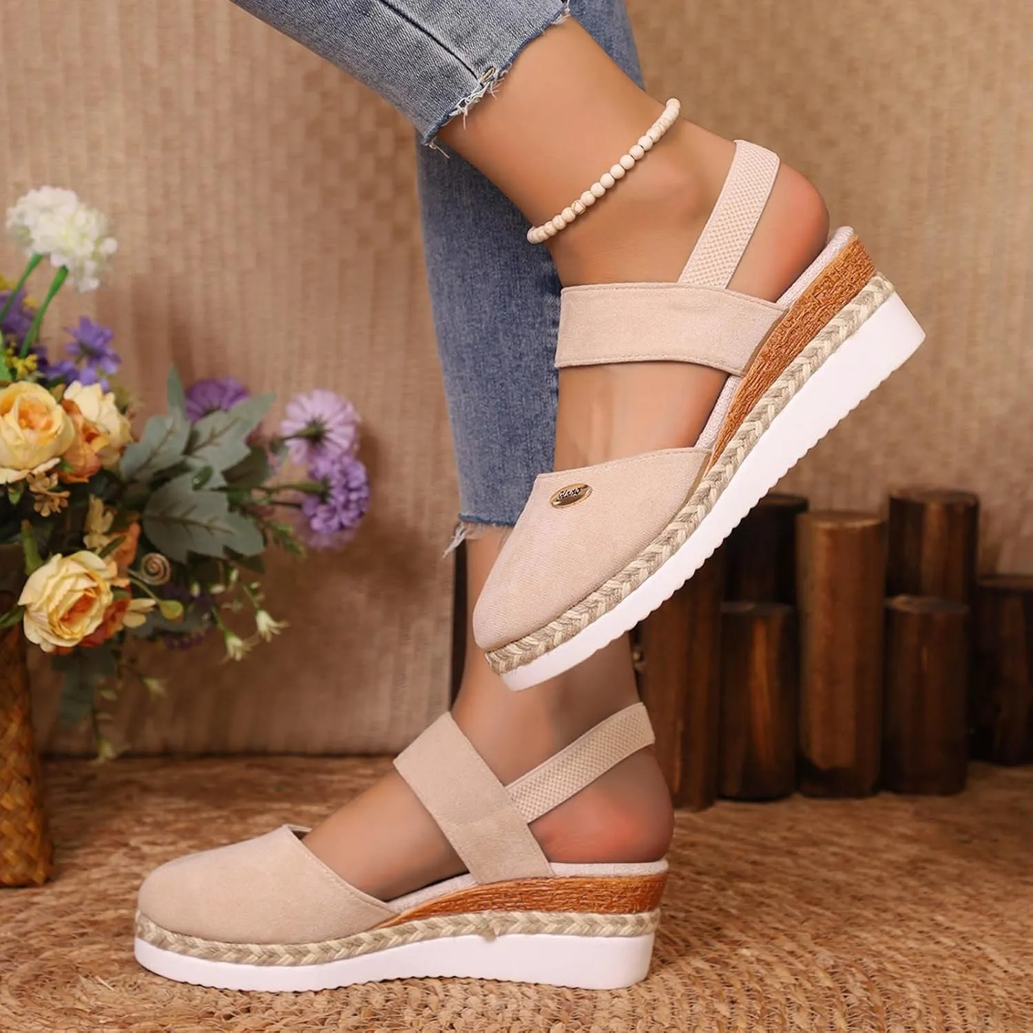 Womens Sandals 2025 Platform Suede Wedges Heel Sandals Slip On Sandals Flatform Closed Toe Beach Sandals
