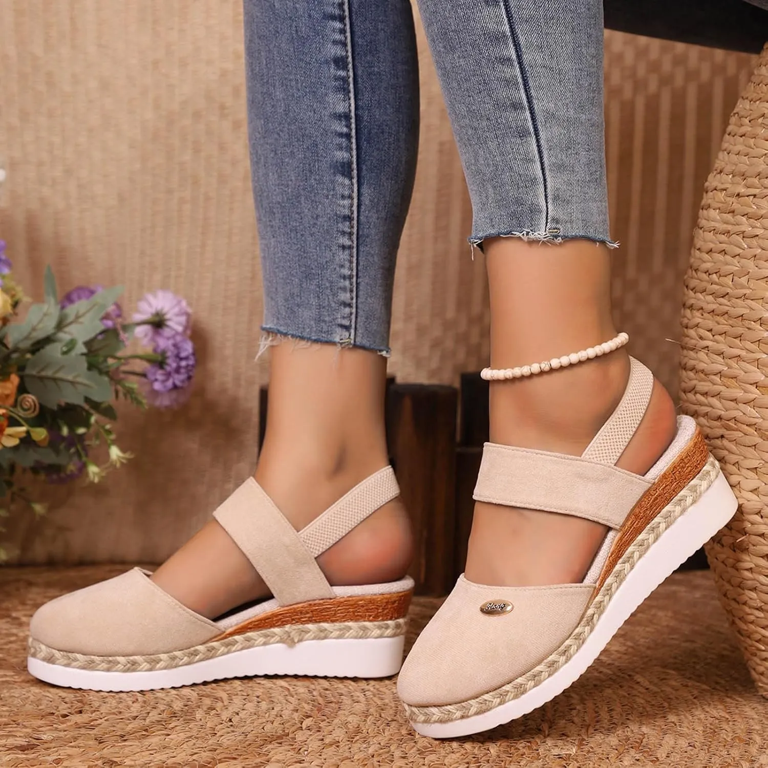 Womens Sandals 2025 Platform Suede Wedges Heel Sandals Slip On Sandals Flatform Closed Toe Beach Sandals