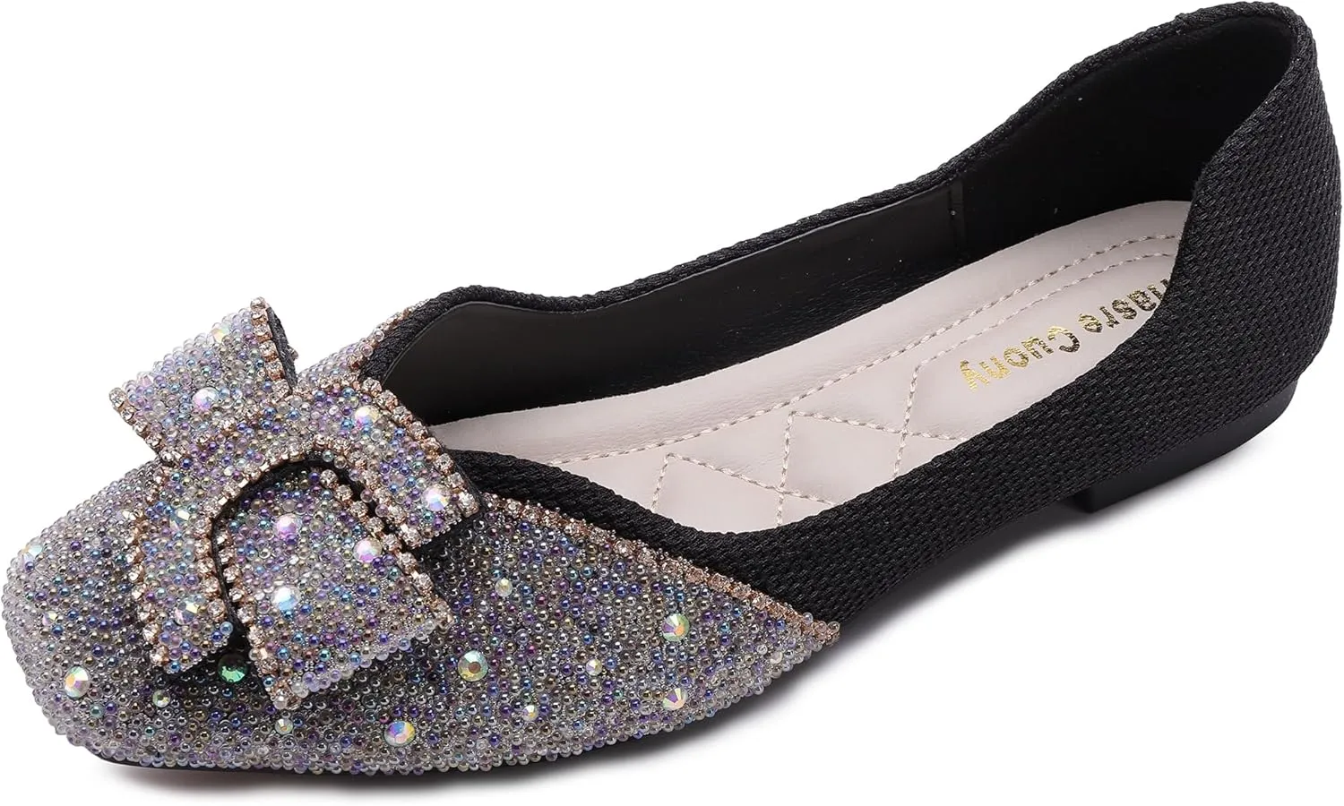 Women's Square Head Flat Shoes Fashion Glittering Rhinestone Bride Wedding Dress Shoes Comfortable Non Slip Slip on Walking Shoes