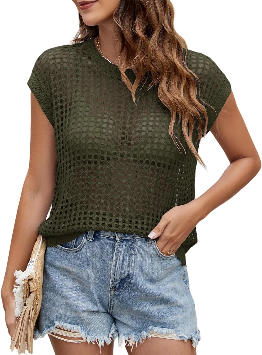 Womens Summer Crochet Tops Hollow Out Cap Sleeve Cover Up Tank Top Pullover Sweater Vest Beach Vacation Clothes