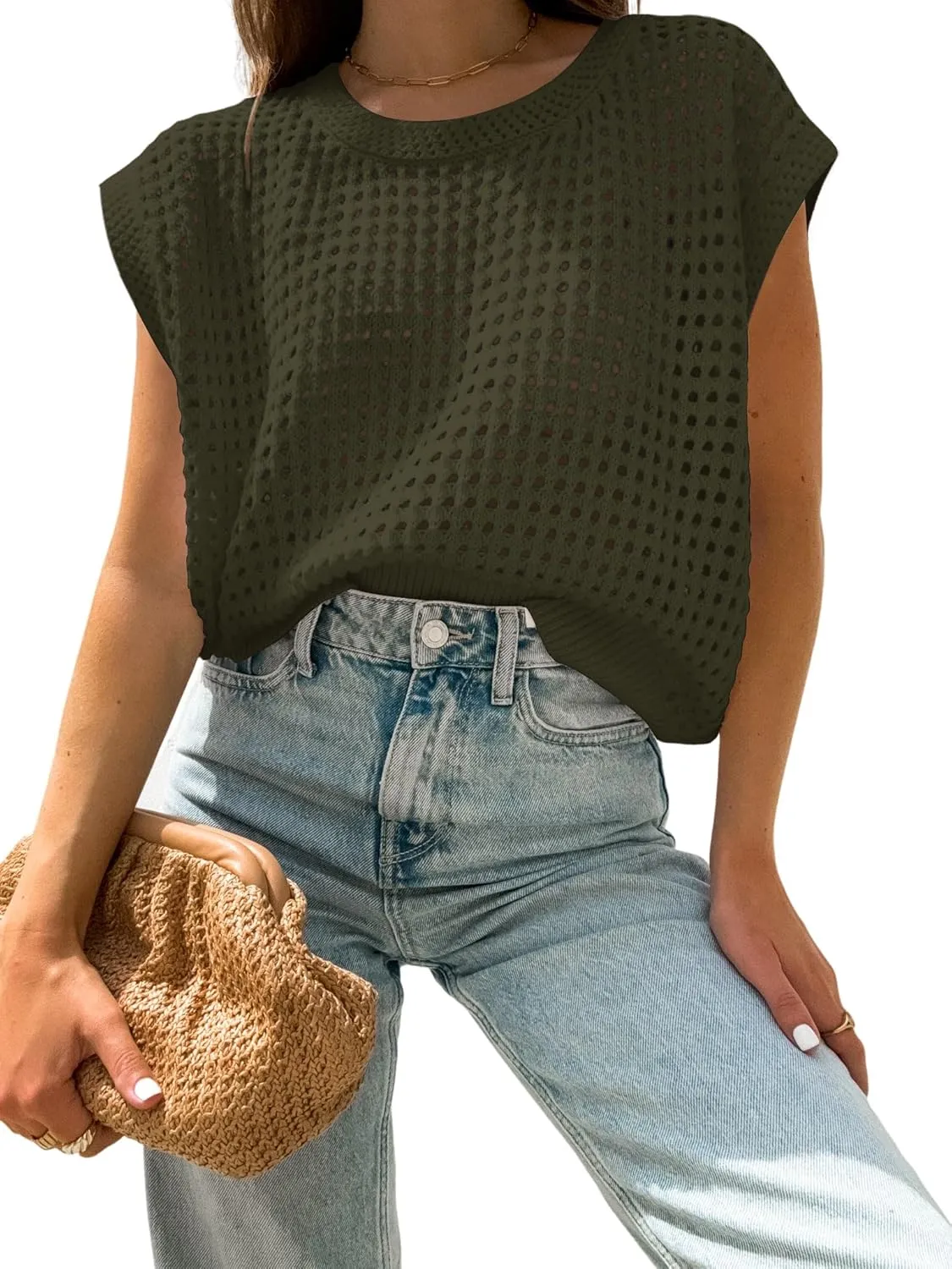 Womens Summer Crochet Tops Hollow Out Cap Sleeve Cover Up Tank Top Pullover Sweater Vest Beach Vacation Clothes