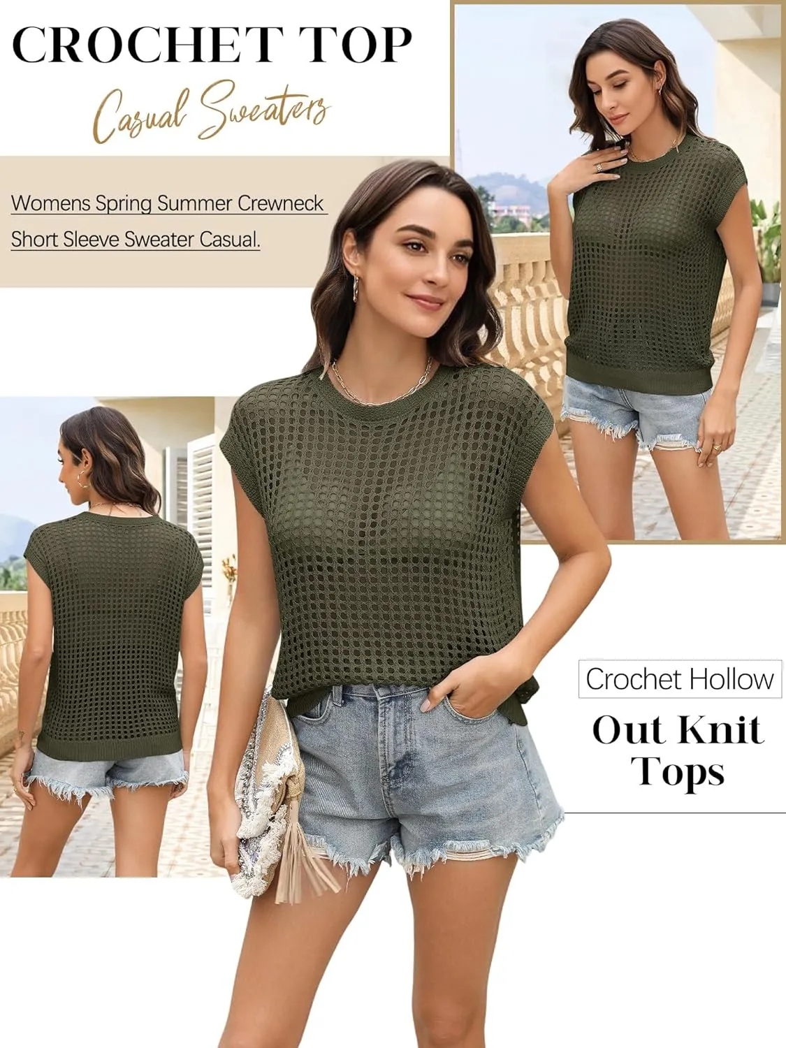 Womens Summer Crochet Tops Hollow Out Cap Sleeve Cover Up Tank Top Pullover Sweater Vest Beach Vacation Clothes