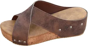 Womens Width Wedge Sandals Summer Vintage Open Toe Slip On Slides Cork Heeled Cutout Slide Sandals Casual Comfortable Lightweight Wedge & Platform Slippers