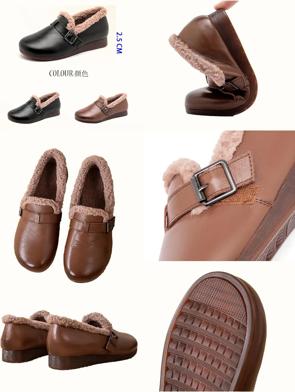 Women's Winter Moccasins Shoes,Lightweight Cozy Fuzzy Lined Non-Slip Softsole Metal Buckle Leather Casual Flat Slippers