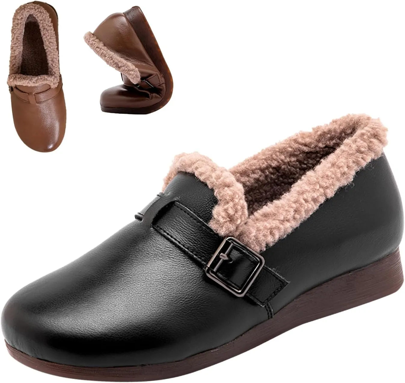 Women's Winter Moccasins Shoes,Lightweight Cozy Fuzzy Lined Non-Slip Softsole Metal Buckle Leather Casual Flat Slippers